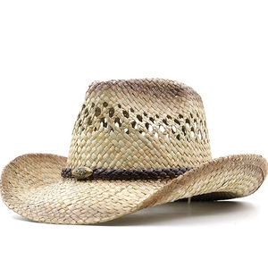 Chapeau de paille de cowboy pour femme avec motif ajouré et ruban en cuir tressé