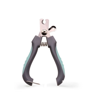 Detail of pet nail clipper featuring stainless steel blades and ergonomic non-slip handle