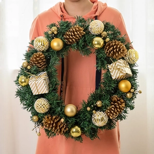 Festive 45cm Christmas wreath with gold pinecones, ornaments and white gift boxes