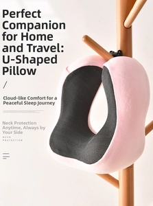 Cuscino per il collo a forma di U in memory foam con velluto rosa e rete traspirante