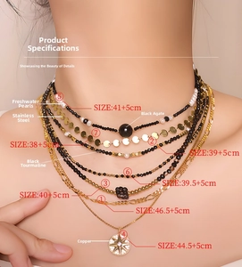 Detail of layered French retro necklace with black spinel and natural agate beads