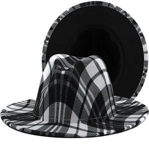 Classic wide brim jazz hat with black and white plaid pattern and flat felt structure
