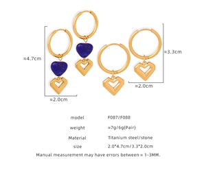 Detailed size specifications for heart-shaped titanium steel earrings with natural stone