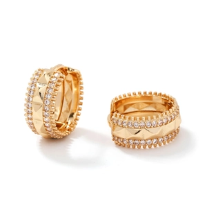 Two-tone gold hoop earrings with double row cubic zirconia and geometric patterns