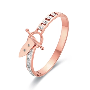 Rose gold stainless steel bracelet with rhinestone buckle and pave-set crystals
