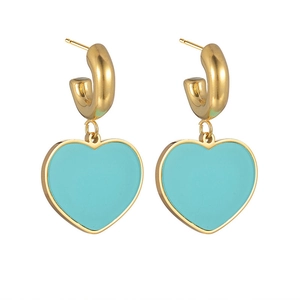 Detail of heart drop earrings with gold plating and blue enamel in a symmetrical view