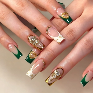 Coffin Press On Nails Emerald Green White French Style Sparkling Rhinestone Heart Gold Decor Artificial Nails For Women