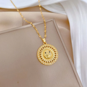 Luxury gold titanium sunflower necklace with crystal pavé and sun face pendant