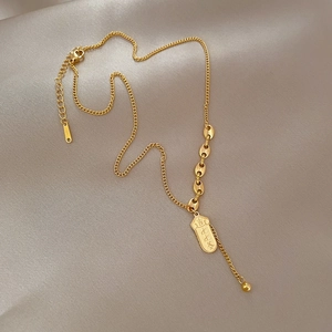 Gold stainless steel pig nose chain necklace with auspicious rectangle pendant