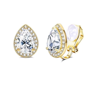 Close-up of gold pear-shaped clip-on earrings with crystals and comfort silicone pads