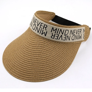 Detail of woven straw sun hat with 'NEVER MIND' ribbon and adjustable elastic band
