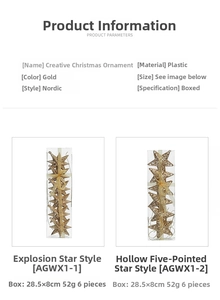 Detail view showing box dimensions and weight of 6 golden plastic star ornaments