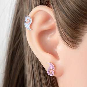 Double-headed screw stud earrings in pink and blue comma shape with sparkling crystals