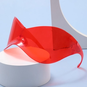 Futuristic red translucent oversized Y2K sunglasses with sleek wraparound shield design
