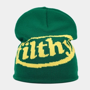 Detailed view of dark green jacquard knit beanie featuring yellow filthy lettering text