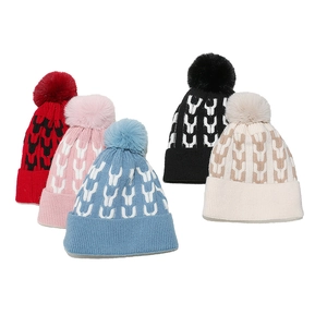 Fleece-lined knit beanie set with fluffy pom-pom and geometric pattern for women