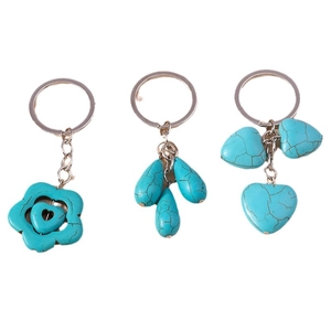 Ethnic silver keychain set with turquoise floral and heart charms for bags and cars