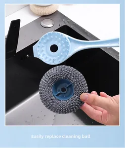 Detail of detachable nano cleaning ball and long handle kitchen brush for easy replacement
