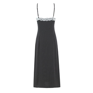 French style black polka dot slip dress with delicate white lace trim and thin straps