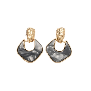 Vintage acrylic rhombus earrings with grey marble texture and hammered gold metal