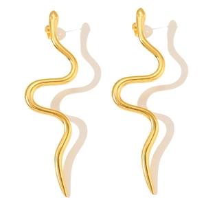 Elegant gold-plated S-shaped snake drop earrings with a polished mirror finish on white background