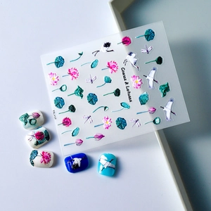 3D relief nail stickers featuring traditional Chinese ink lotus and crane designs