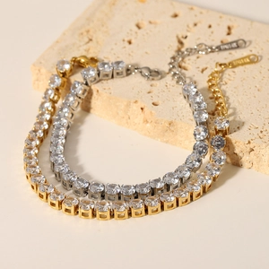 Stainless Steel Tennis Bracelet With Round Brilliant Cut Cubic Zirconia Prong Setting Adjustable Jewelry For Women