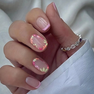 Short Square Press On Nails Pink French Tip Floral Design Fresh Sweet Style Manicure For Women Office Wear