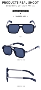 Three perspectives of black square polarized sunglasses with gray lenses on white background