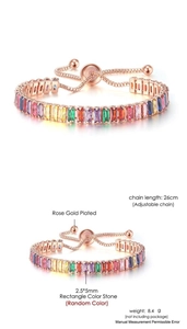 Detail view of 26cm adjustable rainbow crystal tennis bracelet with 2.5x5mm baguette gems