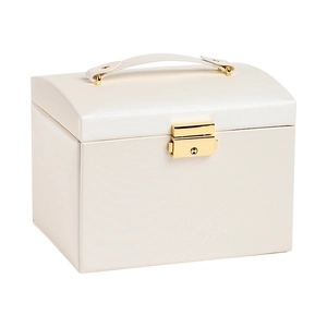 Three-layer cream leather jewelry organizer box with gold lock and handle