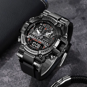 Macro shot of STRYVE dual display sports watch with metal case and black rubber strap