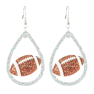 Sparkly silver and brown glitter football teardrop earrings for game day fashion