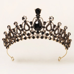 Elegant vintage bridal tiara with black teardrop crystals in an antique gold filigree setting