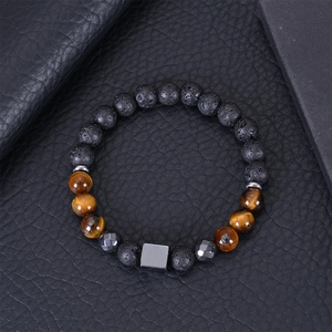 Men's 8mm Tiger Eye and Black Lava Stone beaded bracelet with a square hematite bead