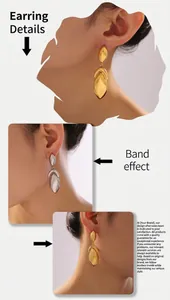 Chic geometric metal earrings in gold and silver finish shown on a model