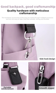 Detailed views of durable silver metal hooks, zippers and reinforced purple nylon fabric