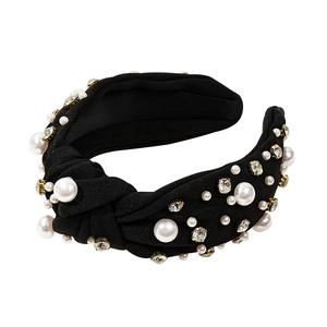 Elegant black twist knot headband with white pearls and sparkling rhinestone details