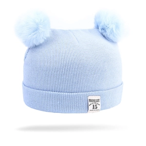 Thickened light blue knit beanie for babies with dual faux fur pom-poms and front label