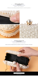 Detail view of the pearl evening clutch featuring gold hardware and a spacious interior