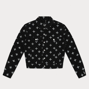 Veste en jean noire à imprimé étoile croisée blanche avec fermeture boutonnée au style streetwear