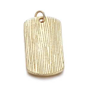 Close-up of a 14K gold plated rectangular pendant with vertical striped texture and top loop