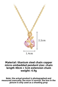 Detailed view of pink heart crystal necklace with golden rose motif and size specifications