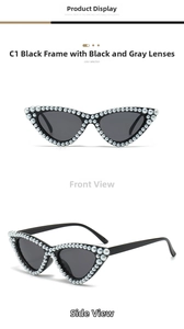 Detailed front and side views of cat eye sunglasses with elegant pearl frame accents