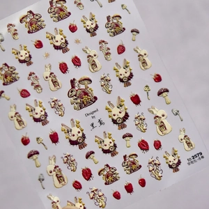 3D embossed nail stickers featuring vintage rabbits, strawberries and mushrooms