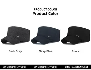 Flat top military caps shown in dark gray, navy blue, and black with metal buttons