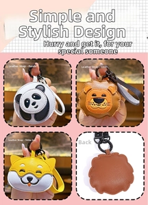 Detail view of cartoon animal leather keychains featuring panda, lion, and shiba inu designs