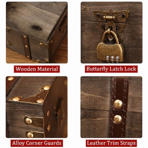 Vintage wooden storage box with bronze butterfly lock and elegant leather rivet details