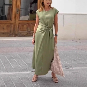 Detail of olive green midi dress featuring a round neck and adjustable waist tie design