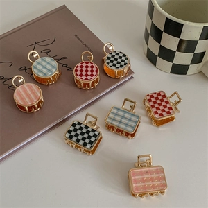 Mini checkered and striped claw clip set with gold metal frames for hair styling